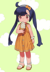 Rule 34 | 1girl, ahoge, anklet, black hair, blush stickers, bow, bright pupils, child, clothes grab, dress, dress grab, female focus, food, food on face, full body, green background, hair bow, hairband, highres, ice cream, ice cream cone, jewelry, mizuno uchi, orange bow, orange dress, original, sandals, solo, toes, twintails, white pupils