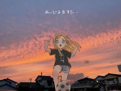 1girl absurdres ball blonde_hair blue_eyes blurry blurry_foreground clothes_writing commentary_request copyright_name evening feet_out_of_frame floating_hair gradient_sky hands_up highres house idolmaster idolmaster_cinderella_girls layla_(idolmaster) long_hair looking_at_viewer open_mouth orange_sky oshiri_seijin outdoors photo_background playing_sports shirt short_shorts shorts sky soccer_ball solo standing t-shirt town translated white_shorts