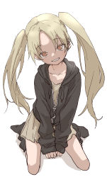 Rule 34 | 1girl, absurdres, black jacket, collarbone, commentary request, full body, highres, jacket, long hair, long sleeves, looking at viewer, orange eyes, original, simple background, sitting, smile, socks, solo, twintails, white background, yamamoto souichirou, zipper