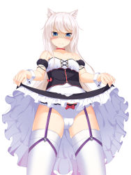 Rule 34 | &gt;:(, 1girl, animal ears, azur lane, bare shoulders, black dress, blue eyes, blush, bow, bow panties, cameltoe, cat ears, choker, closed mouth, clothes lift, collarbone, commentary request, detached sleeves, dress, dress lift, from below, garter straps, hammann (azur lane), highres, lifting own clothes, long hair, looking at viewer, looking down, panties, puffy short sleeves, puffy sleeves, red choker, rocky0206, shaded face, short sleeves, silver hair, simple background, solo, standing, strapless, strapless dress, thighhighs, underwear, v-shaped eyebrows, very long hair, white background, white panties, white thighhighs, wrist cuffs