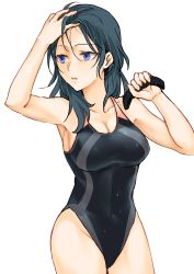 Rule 34 | 1girl, arm up, armpits, bare arms, bare shoulders, black hair, black one-piece swimsuit, blue hair, breasts, byleth (female) (fire emblem), byleth (fire emblem), cleavage, collarbone, commentary, competition swimsuit, covered navel, cowboy shot, fire emblem, fire emblem: three houses, fukuroumori, hand in own hair, highres, holding, long hair, looking away, looking to the side, medium breasts, nintendo, one-piece swimsuit, parted lips, solo, swimsuit, water drop, wet, wet clothes, wet hair, wet swimsuit