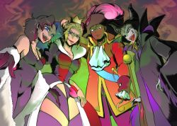 Rule 34 | 101 dalmatians, 1990s (style), 2boys, 2girls, alice in wonderland, bare shoulders, blonde hair, blue eyes, captain hook, captain hook (cosplay), cefca palazzo, celes chere, colored skin, cosplay, crown, cruella de vil, cruella de vil (cosplay), dark skin, disney, dress, earrings, elbow gloves, final fantasy, final fantasy vi, gloves, hat, hook, horns, jewelry, leo cristophe, long hair, maleficent, maleficent (cosplay), marimo (yousei ranbu), multiple boys, multiple girls, open mouth, peter pan (disney), purple eyes, purple hair, queen of hearts (alice in wonderland), queen of hearts (cosplay), red eyes, retro artstyle, robe, sleeping beauty, tina branford, white skin