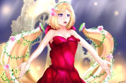 Rule 34 | 1girl, absurdres, aki rosenthal, bare arms, bare shoulders, blonde hair, dress, facial mark, flower, hair extensions, hair flower, hair ornament, hand up, highres, hololive, makeup, music, open hands, open mouth, petals, pink flower, plant, purple eyes, red dress, rose, rose petals, ryuu to sobakasu no hime, short hair, singing, solo, sparkle, trolllogicworks, twintails, upper body, vines, virtual youtuber