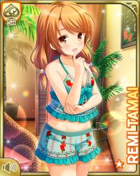 Rule 34 | 1girl, :d, bare arms, bare legs, bare shoulders, barefoot, blue shirt, blue shorts, brown eyes, brown hair, card (medium), day, female focus, girlfriend (kari), indoors, looking at viewer, low twintails, midriff, navel, official art, open mouth, qp:flapper, shirt, shorts, smile, solo, spa, standing, tamai remi, twintails