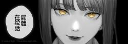 Rule 34 | 1girl, chainsaw man, derivative work, endless (1482999), eyebrows, greyscale, head tilt, highres, light smile, looking at viewer, makima (chainsaw man), comic panel redraw, medium hair, monochrome, parted lips, ringed eyes, simple background, smile, solo, speech bubble, spoilers, translated, yellow eyes