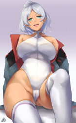 Rule 34 | 1girl, ass, bare shoulders, blush, breasts, cameltoe, commentary request, curvy, gradient background, green eyes, gundam, gundam suisei no majo, highleg, highleg leotard, highres, huge ass, ibara azuki, jacket, large breasts, leotard, looking at viewer, off shoulder, parted lips, purple background, secelia dote, short hair, sitting, smile, solo, thighhighs, thighs, white leotard, white thighhighs, wide hips