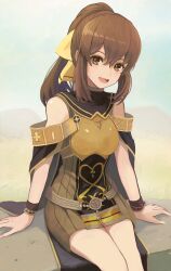 Rule 34 | 1girl, armor, bare shoulders, bow, bowtie, bracelet, breastplate, breasts, brown eyes, brown hair, cape, commentary, delthea (fire emblem), double-parted bangs, dress, fang, fire emblem, fire emblem echoes: shadows of valentia, hair between eyes, highres, jewelry, labebebe lee, looking at viewer, medium hair, nintendo, open mouth, pencil dress, ponytail, short dress, sitting, small breasts, smile, solo, yellow bow, yellow bowtie