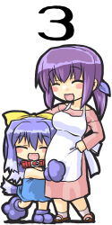 Rule 34 | 2girls, ^ ^, animal hands, apron, bad id, bad pixiv id, blue hair, bow, chibi, closed eyes, collar, dd (ijigendd), fangs, gloves, hair ribbon, happy, hug, inu-t, long image, mama-t, multiple girls, nt-tan, open mouth, os-tan, paw gloves, paw shoes, ponytail, purple hair, ribbon, shoes, tail, tall image, yellow bow