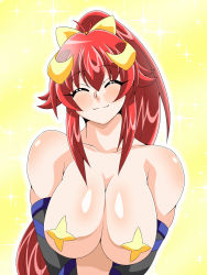 Rule 34 | 1girl, bare shoulders, blush, breasts, covered erect nipples, detached sleeves, closed eyes, hair ribbon, highres, huge breasts, inabakun00, kotori (inaba), long hair, original, pasties, ponytail, red hair, ribbon, smile, solo, sparkle, sparkle background, standing, upper body