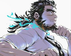 Rule 34 | 1boy, bara, beard, black hair, blue fire, collared shirt, dark-skinned male, dark skin, facial hair, facial scar, finger to own chin, fire, forked eyebrows, from side, isuke, looking to the side, male focus, mature male, medium hair, muscular, muscular male, necktie, pectorals, sandayu (housamo), scar, scar on cheek, scar on face, scar on nose, shirt, sleeves rolled up, smile, solo, thick eyebrows, tokyo houkago summoners, upper body, white shirt