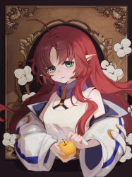 Rule 34 | 1girl, absurdres, ahoge, apple, arknights, blush, breasts, food, fruit, golden apple, green eyes, highres, holding, holding food, holding fruit, jacket, long sleeves, looking at viewer, myrtle (arknights), off shoulder, open clothes, open jacket, pointy ears, red hair, reiami, sidelocks, small breasts, smile, solo, tank top, wavy hair, white jacket, white tank top