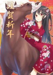 Rule 34 | 1girl, alexmaster, black hair, hair ornament, happy new year, highres, horse, japanese clothes, kimono, long hair, new year, original, red eyes, sidesaddle