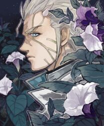 Rule 34 | 1girl, blue eyes, close-up, closed mouth, facial mark, flower, hair slicked back, horns, ivan perepelkin, looking at viewer, nagura, purple flower, sideways glance, solo, terra formars, white hair