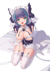 Rule 34 | 1girl, absurdres, aqua eyes, aqua hair, azur lane, breasts, cheshire (azur lane), cleavage, commentary request, dress, garter straps, highres, large breasts, looking at viewer, maid, maid headdress, multicolored hair, nipples, no shoes, open mouth, purple hair, see-through, simple background, sitting, solo, streaked hair, thighhighs, wet, wet clothes, white background, white thighhighs, yansuiyuluo