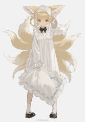 Rule 34 | 1girl, alternate costume, animal ears, arknights, black bow, black bowtie, black footwear, blonde hair, bow, bowtie, dress, fox ears, fox tail, full body, grey background, hand up, highres, holding, holding pillow, long sleeves, looking at viewer, mary janes, multiple tails, ns404, pillow, shoes, short hair, simple background, socks, solo, standing, suzuran (arknights), tail, white dress, white socks, yellow eyes