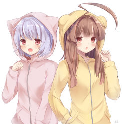 Rule 34 | 10s, 2girls, :d, :o, ;d, ahoge, animal hood, bad id, bad pixiv id, blue hair, blush, brown hair, cat hood, fang, hand in pocket, highres, hood, hoodie, huge ahoge, kantai collection, kuma (kancolle), long hair, masayo (gin no ame), md5 mismatch, multiple girls, one eye closed, open mouth, pink eyes, red eyes, short hair, simple background, smile, tama (kancolle), white background, zipper