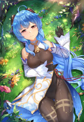 Rule 34 | 1girl, ahoge, bare shoulders, black gloves, black pantyhose, blue flower, blue hair, bodysuit, breasts, brown bodysuit, chahei, closed mouth, commentary, curled horns, day, detached sleeves, flower, ganyu (genshin impact), genshin impact, gloves, groin, hand up, highres, horns, long hair, long sleeves, looking at viewer, lying, medium breasts, neck bell, on back, on grass, outdoors, pantyhose, pink flower, red eyes, smile, solo, symbol-only commentary, thighs, very long hair, white sleeves, wide sleeves, yellow flower