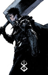 Rule 34 | 1boy, armor, bandages, bandaged arm, bandages, berserk, black armor, black cape, black eyes, black hair, cape, chun lo, closed mouth, gauntlets, highres, holding, holding sword, holding weapon, huge weapon, male focus, multicolored hair, original, over shoulder, pauldrons, scratches, shoulder armor, simple background, solo, sword, weapon, weapon over shoulder, white background, white hair