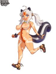 Rule 34 | 1girl, animal ears, blue eyes, blush, bodypaint, breasts, censored, convenient censoring, full body, large breasts, looking at viewer, navel, nipples, nude, running, ryoji (nomura ryouji), sandals, skunk, skunk ears, skunk tail, smile, solo, tail, white hair