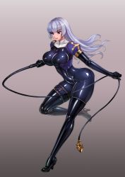 Rule 34 | 1girl, bodysuit, boots, breasts, covered erect nipples, covered navel, full body, grey hair, high heel boots, high heels, impossible bodysuit, impossible clothes, latex, long hair, nun, original, purple eyes, rindou (radical dream), shiny clothes, skin tight, skindentation, whip