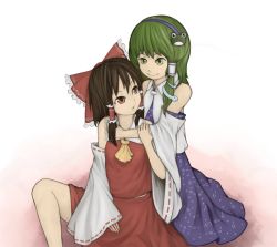 Rule 34 | 2girls, ascot, barrel, brown eyes, brown hair, detached sleeves, female focus, frog hair ornament, green eyes, green hair, hair ornament, hair tubes, hakurei reimu, iwamochi, japanese clothes, kochiya sanae, miko, multiple girls, nontraditional miko, simple background, touhou, vest, white background