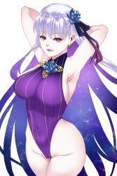 Rule 34 | 1girl, armpits, arms behind head, arms up, bare shoulders, blue hair, blush, body markings, bracelet, breasts, covered navel, earrings, fate/grand order, fate (series), flower, hair flower, hair ornament, hair ribbon, highleg, highleg swimsuit, highres, jewelry, kama (fate), kama (swimsuit avenger) (fate), large breasts, long hair, looking at viewer, lotus, multicolored hair, one-piece swimsuit, open mouth, purple one-piece swimsuit, red eyes, ribbon, silver hair, smile, solo, star (symbol), star earrings, swimsuit, thighs, two-tone hair, utani (punishment)