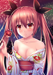 Rule 34 | 1girl, aerial fireworks, black ribbon, blush, breasts, candy apple, cleavage, closed mouth, collarbone, commentary request, date a live, fireworks, floral print, food, hair ribbon, holding, holding food, itsuka kotori, japanese clothes, kimono, kmcgold30, long hair, looking at viewer, night, obi, off shoulder, outdoors, print kimono, red eyes, red hair, ribbon, sash, small breasts, smile, solo, twintails, upper body, very long hair, white kimono