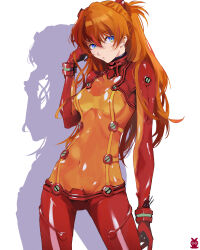 Rule 34 | 1girl, absurdres, artist request, blue eyes, bodysuit, breasts, brown hair, evangelion: 2.0 you can (not) advance, hair between eyes, hand in own hair, highres, interface headset, lips, long hair, looking at viewer, medium breasts, neon genesis evangelion, pilot suit, plugsuit, rebuild of evangelion, red bodysuit, see-through, see-through bodysuit, shiny clothes, simple background, solo, souryuu asuka langley, test plugsuit, two side up, very long hair, white background, wide hips
