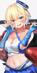Rule 34 | 1girl, absurdres, aizawa ema, alternate costume, alternate hair length, alternate hairstyle, aqua nails, asymmetrical clothes, bare shoulders, bead necklace, beads, blue gloves, blue headwear, blue shirt, blue skirt, blunt bangs, blush, breasts, car, commentary request, crop top, earrings, elbow gloves, fingerless gloves, flower earrings, gloves, highres, jewelry, large breasts, looking at viewer, midriff, miniskirt, motor vehicle, naikon, navel, necklace, open mouth, pleated skirt, race queen, shirt, short hair, skirt, solo, stomach, tilted headwear, virtual youtuber, vspo!, waving, white background, white headwear, white shirt