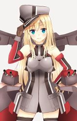 Rule 34 | 10s, 1girl, bare shoulders, bismarck (kancolle), blonde hair, blue eyes, blush, brown gloves, burenbo, burenbo-chan, collarbone, detached sleeves, gloves, grey thighhighs, hand on headwear, hat, highres, kantai collection, long hair, long sleeves, looking at viewer, machinery, military, military uniform, peaked cap, smile, solo, taut clothes, thighhighs, turret, uniform, very long hair