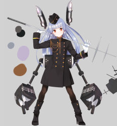 Rule 34 | 10s, 1girl, alternate costume, blunt bangs, boots, eight tohyama, hair ribbon, hat, headgear, high heel boots, high heels, kantai collection, long hair, looking at viewer, military, military uniform, murakumo (kancolle), pantyhose, red eyes, ribbon, solo, uniform