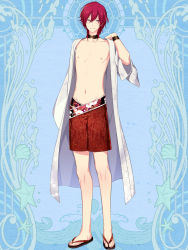 Rule 34 | 1boy, black choker, blue background, blue eyes, character request, choker, commission, dairoku ryouhei, floral print, full body, hand up, l (matador), looking at viewer, male focus, male swimwear, navel, print male swimwear, print swim trunks, print swimsuit, red hair, red male swimwear, red swim trunks, robe, sandals, simple background, solo, standing, swim trunks, swimsuit, white robe