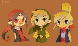 Rule 34 | 1boy, 2girls, beak, blonde hair, blue eyes, closed mouth, link, looking at viewer, medli, multiple girls, nintendo, parted bangs, pointy ears, red eyes, rito, short hair, sidelocks, simple background, smile, tetra, the legend of zelda, the legend of zelda: the wind waker, tokuura, toon link, upper body