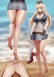 Rule 34 | 1girl, absurdres, ass, barefoot, blonde hair, blue eyes, breasts, elbow gloves, fingerless gloves, foreshortening, front-tie top, gloves, headgear, highres, iowa (kancolle), kantai collection, large breasts, miniskirt, multiple views, nail polish, navel, shoes, skirt, soles, star-shaped pupils, star (symbol), striped clothes, striped skirt, symbol-shaped pupils, toenail polish, toenails, tsa, unworn shoes, vertical-striped clothes, vertical-striped skirt, white gloves