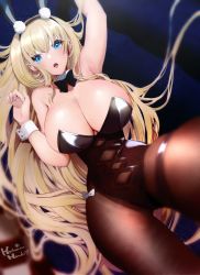 Rule 34 | 1girl, animal ears, azur lane, bare shoulders, black leotard, blonde hair, blue eyes, breasts, cuff links, detached collar, fake animal ears, from above, hachimitsu hinako, highleg, highleg leotard, huge breasts, leotard, long hair, looking at viewer, looking up, lying, north carolina (azur lane), north carolina (the heart&#039;s desire) (azur lane), official alternate costume, on back, open mouth, pantyhose, playboy bunny, rabbit ears, solo, strapless, strapless leotard, thigh strap, very long hair, wrist cuffs