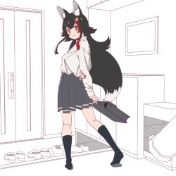 Rule 34 | 1girl, alternate costume, animal ears, bag, cabinet, calf socks, door, fingernails, from behind, hair ornament, hololive, indoors, kamochomedesu, long hair, long sleeves, looking at viewer, looking back, ookami mio, picture frame, shoes, skirt, smile, solo, spot color, tail, uniform, very long hair, virtual youtuber, wolf ears, wolf girl, wolf tail, yellow eyes