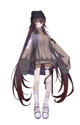 Rule 34 | 1girl, absurdres, alternate costume, asymmetrical legwear, backpack, bag, brown hair, commentary request, contemporary, full body, genshin impact, hair between eyes, hat, highres, hu tao (genshin impact), jacket, long hair, long sleeves, looking at viewer, oversized clothes, qixia, red eyes, shoes, sidelocks, simple background, sleeves past wrists, sneakers, socks, solo, standing, symbol-shaped pupils, thighlet, turtleneck, turtleneck jacket, twintails, white background, white footwear, white socks