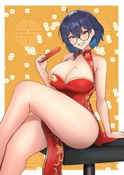 Rule 34 | 1girl, bare shoulders, black eyes, black hair, breasts, china dress, chinese clothes, cleavage, cleavage cutout, clothing cutout, crossed legs, dress, glasses, grin, highres, medium breasts, mole, mole on breast, original, sitting, smile, solo, teeth, watermark, zet (twt zet)