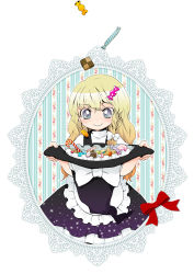 Rule 34 | 1girl, :&gt;, bad id, bad pixiv id, blonde hair, blue eyes, blush, braid, candy, checkerboard cookie, cookie, doily, female focus, food, hat, highres, holding, holding clothes, holding hat, kirisame marisa, long hair, nose blush, satou memeko, smile, solo, touhou, unworn hat, unworn headwear, witch, witch hat