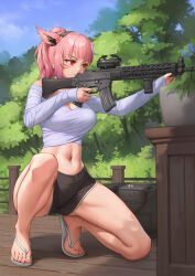 Rule 34 | 1girl, aiming, animal ears, bag, black shorts, breasts, cat ears, cleavage, closed mouth, commission, crop top, facial mark, flip-flops, full body, gun, headgear, highres, holding, holding gun, holding weapon, large breasts, long sleeves, navel, off-shoulder shirt, off shoulder, on one knee, original, pink hair, plant, ponytail, red eyes, sandals, shirt, short hair, shorts, solo, stormstx, toes, weapon