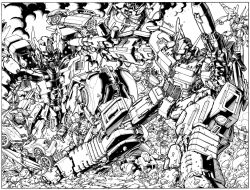 Rule 34 | arm cannon, autobot, bumblebee (transformers), cable, clenched hand, cliffjumper, commentary, decepticon, don allan figueroa, dual wielding, english commentary, fighting, flying, greyscale, gun, highres, holding, holding gun, holding weapon, hot rod (transformers), jetfire, mecha, menasor, monochrome, optimus prime, prowl (transformers), robot, rock, science fiction, sideswipe, smoke, transformers, v-fin, weapon