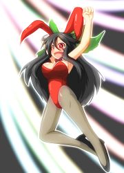 Rule 34 | 1girl, animal ears, arms up, bare shoulders, black hair, bow, breasts, brown pantyhose, cleavage, detached collar, female focus, grey pantyhose, hair bow, highres, jumping, large breasts, leotard, long hair, open mouth, pantyhose, playboy bunny, rabbit ears, red eyes, reiuji utsuho, ribbon, sabokai, smile, solo, touhou