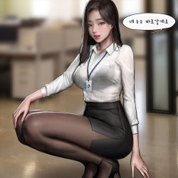 Rule 34 | 1girl, asian, bad id, bad pixiv id, black bra, bra, breasts, brown eyes, brown hair, eyelashes, fingernails, hand on own knee, high heels, highres, id card, kidmo, korean text, lanyard, legs together, lipstick, long hair, looking at viewer, makeup, medium breasts, office, office lady, original, pantyhose, parted lips, pencil skirt, see-through, skirt, solo, squatting, underwear