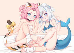 Rule 34 | 2girls, animal ears, aqua eyes, barefoot, bikini, blush, cameltoe, cat girl, diona (genshin impact), feet, fins, fish tail, gawr gura, genshin impact, highres, holding hands, hololive, hololive english, leg warmers, long hair, looking at viewer, multicolored hair, multiple girls, parted lips, pink hair, shark tail, silver hair, soles, streaked hair, swimsuit, tail, toes, virtual youtuber