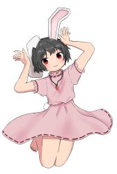 Rule 34 | 1girl, :3, absurdres, animal ears, barefoot, black hair, carrot necklace, dress, highres, inaba tewi, jewelry, kashiwa kona, necklace, pink dress, rabbit ears, rabbit girl, rabbit tail, red eyes, ribbon trim, short hair, simple background, solo, tail, toes, touhou, white background