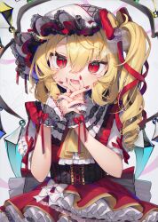 Rule 34 | 1girl, ascot, blonde hair, blush, crystal, dress, fang, fingernails, flandre scarlet, gunjou row, hair between eyes, hat, highres, long fingernails, long hair, looking at viewer, mob cap, nail polish, one side up, open mouth, petticoat, red dress, red eyes, red nails, sharp fingernails, short sleeves, simple background, slit pupils, smile, solo, touhou, upper body, white background, white hat, wings, wrist cuffs, yellow ascot
