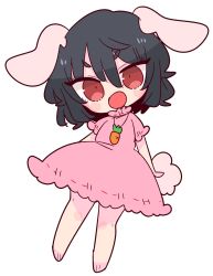 Rule 34 | 1girl, animal ears, barefoot, black hair, carrot necklace, dress, floppy ears, frilled dress, frilled sleeves, frills, highres, inaba tewi, jewelry, looking at viewer, necklace, op na yarou, open mouth, pendant, pink dress, puffy short sleeves, puffy sleeves, rabbit ears, rabbit tail, red eyes, ribbon-trimmed dress, short hair, short sleeves, simple background, smile, solo, tail, touhou, wavy hair, white background