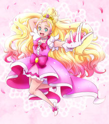 Rule 34 | 1girl, :d, blonde hair, bow, cure flora, earrings, eyebrows, flower, flower necklace, full body, gloves, go! princess precure, gradient hair, green eyes, haruno haruka, hyuuga (gekkazake), jewelry, long hair, looking at viewer, magical girl, multicolored hair, necklace, open mouth, petals, pink background, pink bow, pink hair, pink skirt, precure, shoes, skirt, smile, solo, streaked hair, thick eyebrows, two-tone hair, waist bow, white footwear, white gloves