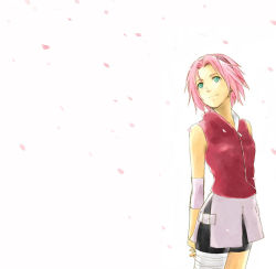 Rule 34 | 1girl, arm warmers, artist request, bandages, bare shoulders, bike shorts, breasts, cherry blossoms, cowboy shot, green eyes, haruno sakura, headband, headdress, light smile, looking to the side, looking up, miniskirt, naruto (series), naruto shippuuden, ninja, petals, pink hair, pink skirt, red shirt, shirt, short hair, shorts, shorts under skirt, side slit, simple background, skirt, sleeveless, sleeveless shirt, small breasts, smile, solo, spandex, third-party source, white background, zipper