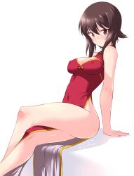 Rule 34 | 1girl, arm support, blush, breasts, brown eyes, brown hair, china dress, chinese clothes, cleavage, cleavage cutout, closed mouth, clothing cutout, commentary, covered erect nipples, covered navel, crossed legs, dated, dress, girls und panzer, high collar, highres, kuzuryuu kennosuke, leaning back, legs, light frown, long dress, looking at viewer, medium breasts, nishizumi maho, no panties, one-hour drawing challenge, red dress, shadow, short hair, side slit, simple background, sitting, sleeveless, sleeveless dress, solo, white background